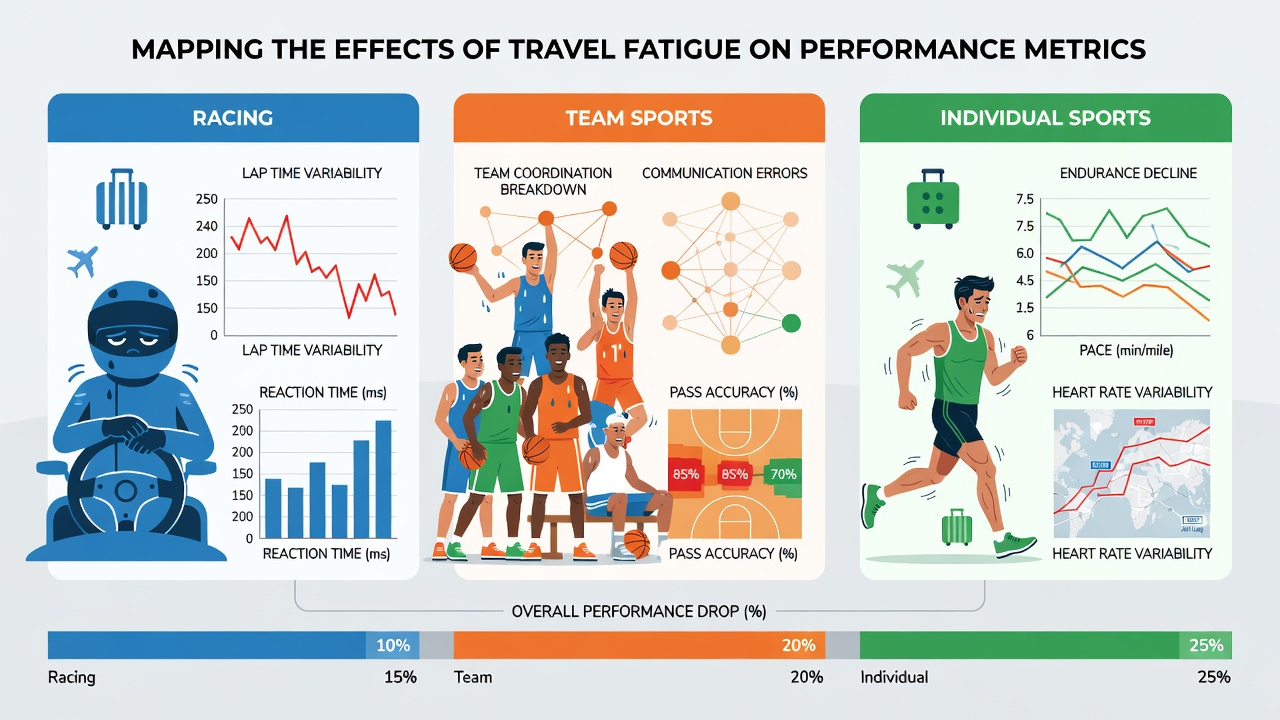 Performance data charts overlaid on sports travel routes